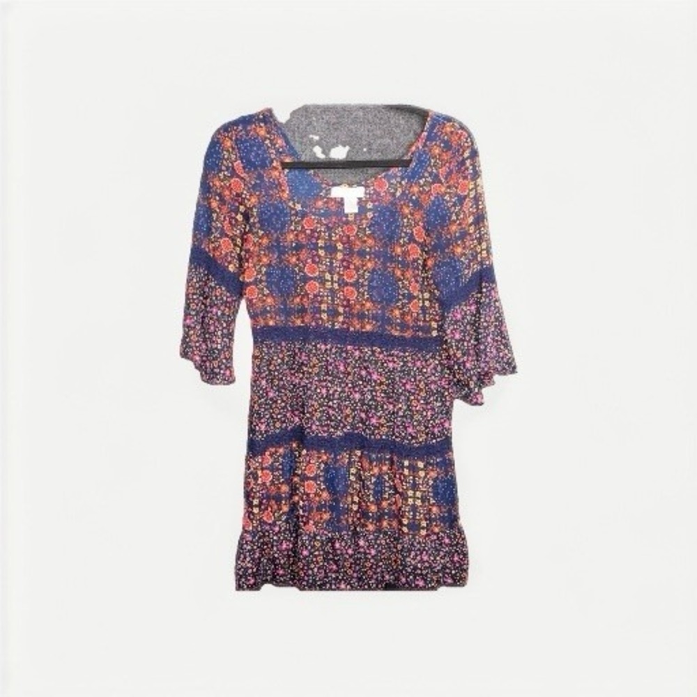BAND OF GYPSIES Light Top Tunic‎ Small Navy Blue Floral Bell Sleeve Sheer Lace